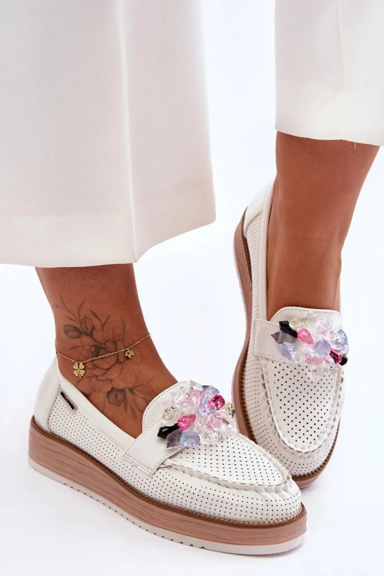Damskie Mokasyny Na Platformie Z Kamieniami Białe Elonore