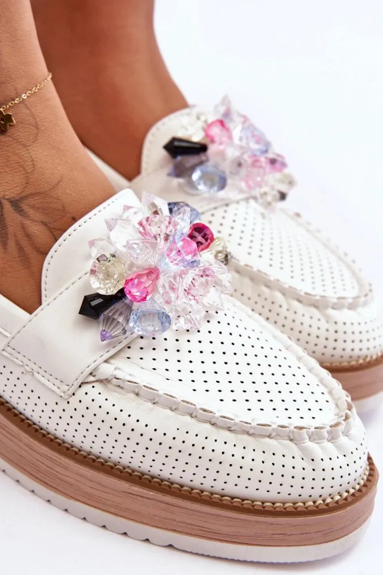 Damskie Mokasyny Na Platformie Z Kamieniami Białe Elonore