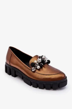 Damskie Mokasyny Na Platformie Laura Messi 2392 Ciemnozłote