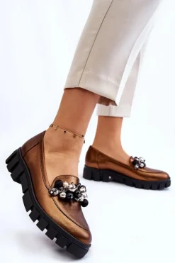 Damskie Mokasyny Na Platformie Laura Messi 2392 Ciemnozłote