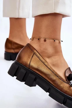 Damskie Mokasyny Na Platformie Laura Messi 2392 Ciemnozłote