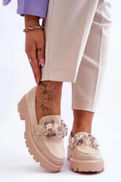 Damskie Mokasyny Na Platformie Z Ozdobami Beżowe Brenda