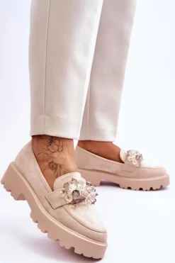 Damskie Mokasyny Na Platformie Z Ozdobami Beżowe Brenda