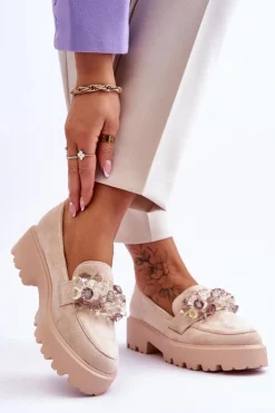 Damskie Mokasyny Na Platformie Z Ozdobami Beżowe Brenda