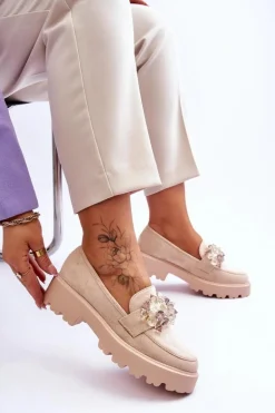 Damskie Mokasyny Na Platformie Z Ozdobami Beżowe Brenda