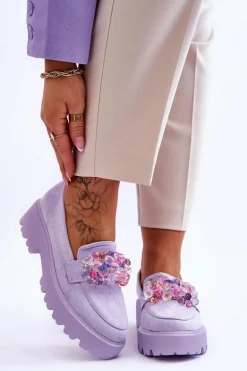 Damskie Mokasyny Na Platformie Z Ozdobami Fioletowe Brenda