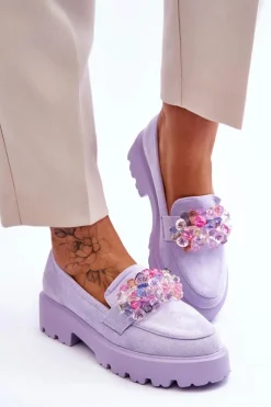 Damskie Mokasyny Na Platformie Z Ozdobami Fioletowe Brenda