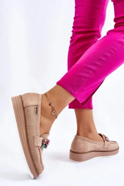 Damskie Mokasyny Na Platformie Z Ozdobami Beżowe Adelyn