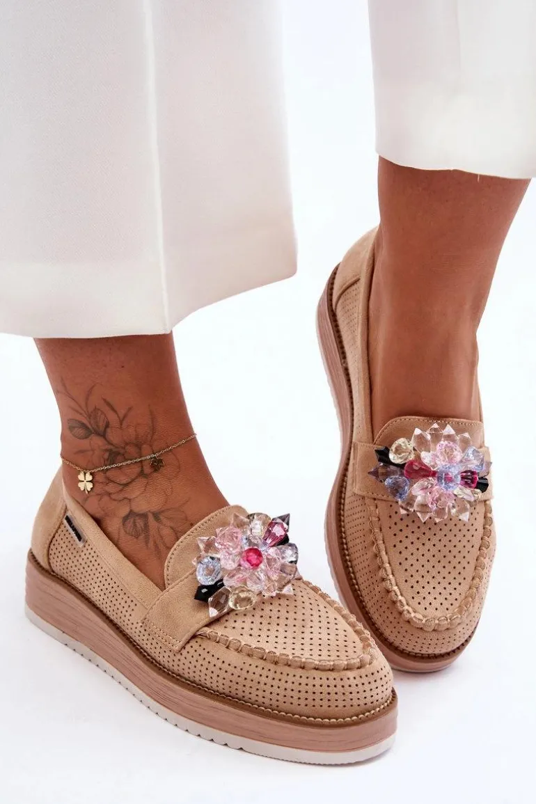Damskie Mokasyny Na Platformie Z Kamieniami Beżowe Elonore
