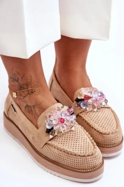 Damskie Mokasyny Na Platformie Z Kamieniami Beżowe Elonore