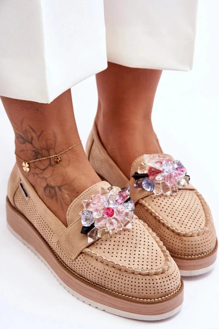 Damskie Mokasyny Na Platformie Z Kamieniami Beżowe Elonore