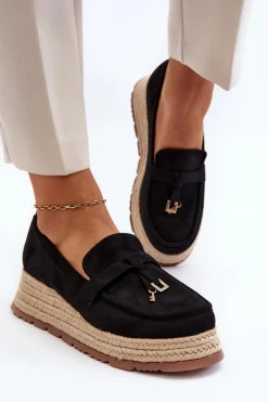 Damskie Mokasyny Na Plecionej Podeszwie Czarne Torresia