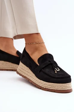 Damskie Mokasyny Na Plecionej Podeszwie Czarne Torresia