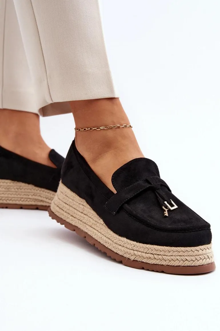 Damskie Mokasyny Na Plecionej Podeszwie Czarne Torresia