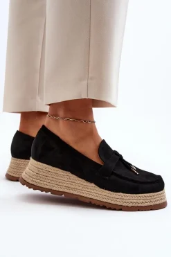 Damskie Mokasyny Na Plecionej Podeszwie Czarne Torresia
