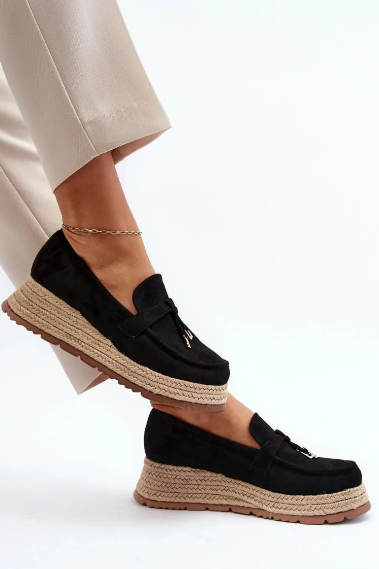 Damskie Mokasyny Na Plecionej Podeszwie Czarne Torresia