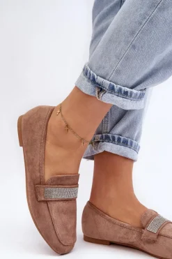 Damskie Mokasyny Z Cyrkoniami Jasnobrązowe Ralrika