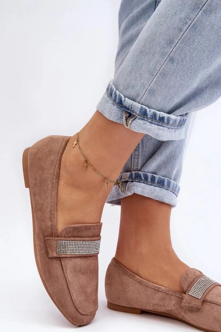 Damskie Mokasyny Z Cyrkoniami Jasnobrązowe Ralrika