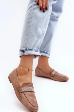 Damskie Mokasyny Z Cyrkoniami Jasnobrązowe Ralrika