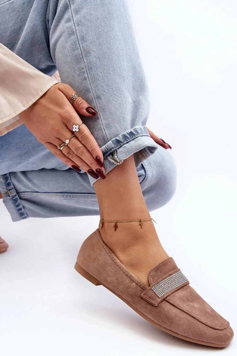 Damskie Mokasyny Z Cyrkoniami Jasnobrązowe Ralrika