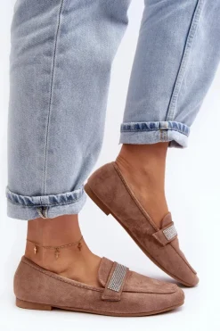 Damskie Mokasyny Z Cyrkoniami Jasnobrązowe Ralrika