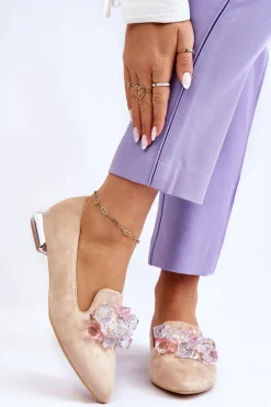 Damskie Mokasyny Z Ozdobami Na Płaskim Obcasie Beżowe Sloane