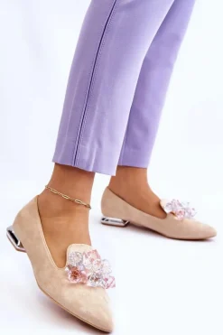 Damskie Mokasyny Z Ozdobami Na Płaskim Obcasie Beżowe Sloane