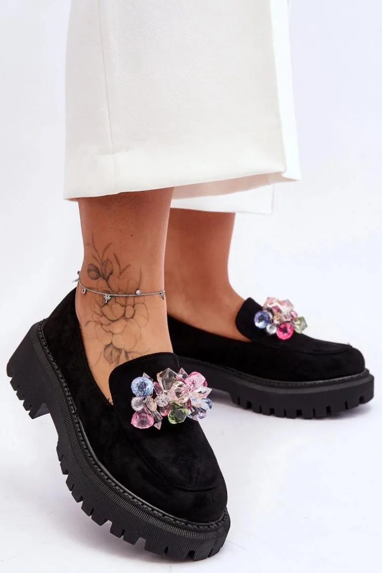 Damskie Mokasyny Z Ozdobnymi Kryształami Czarne Avril