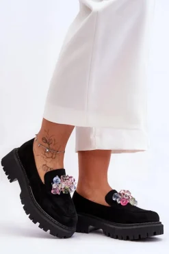 Damskie Mokasyny Z Ozdobnymi Kryształami Czarne Avril