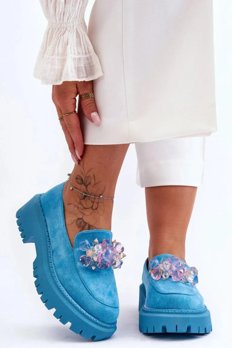 Damskie Mokasyny Z Ozdobnymi Kryształami Niebieskie Avril