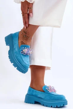 Damskie Mokasyny Z Ozdobnymi Kryształami Niebieskie Avril