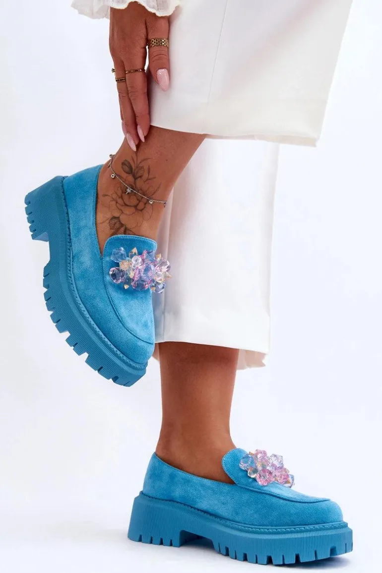 Damskie Mokasyny Z Ozdobnymi Kryształami Niebieskie Avril