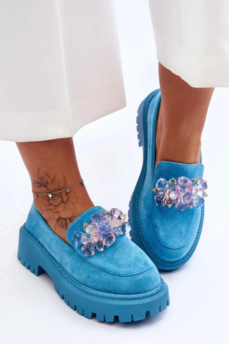 Damskie Mokasyny Z Ozdobnymi Kryształami Niebieskie Avril