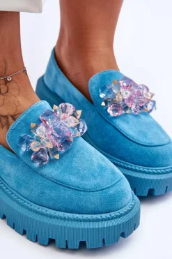 Damskie Mokasyny Z Ozdobnymi Kryształami Niebieskie Avril