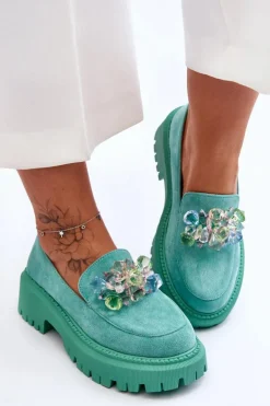 Damskie Mokasyny Z Ozdobnymi Kryształami Zielone Avril
