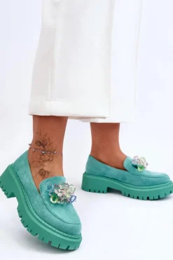 Damskie Mokasyny Z Ozdobnymi Kryształami Zielone Avril