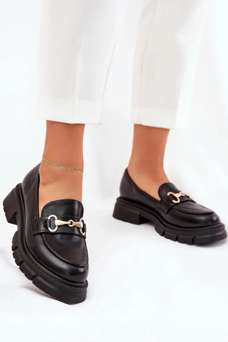 Damskie Mokasyny Ze Złotym Detalem Eko Skórzane Czarne Gemitha