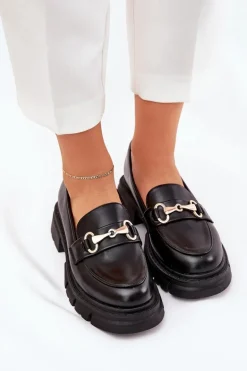 Damskie Mokasyny Ze Złotym Detalem Eko Skórzane Czarne Gemitha