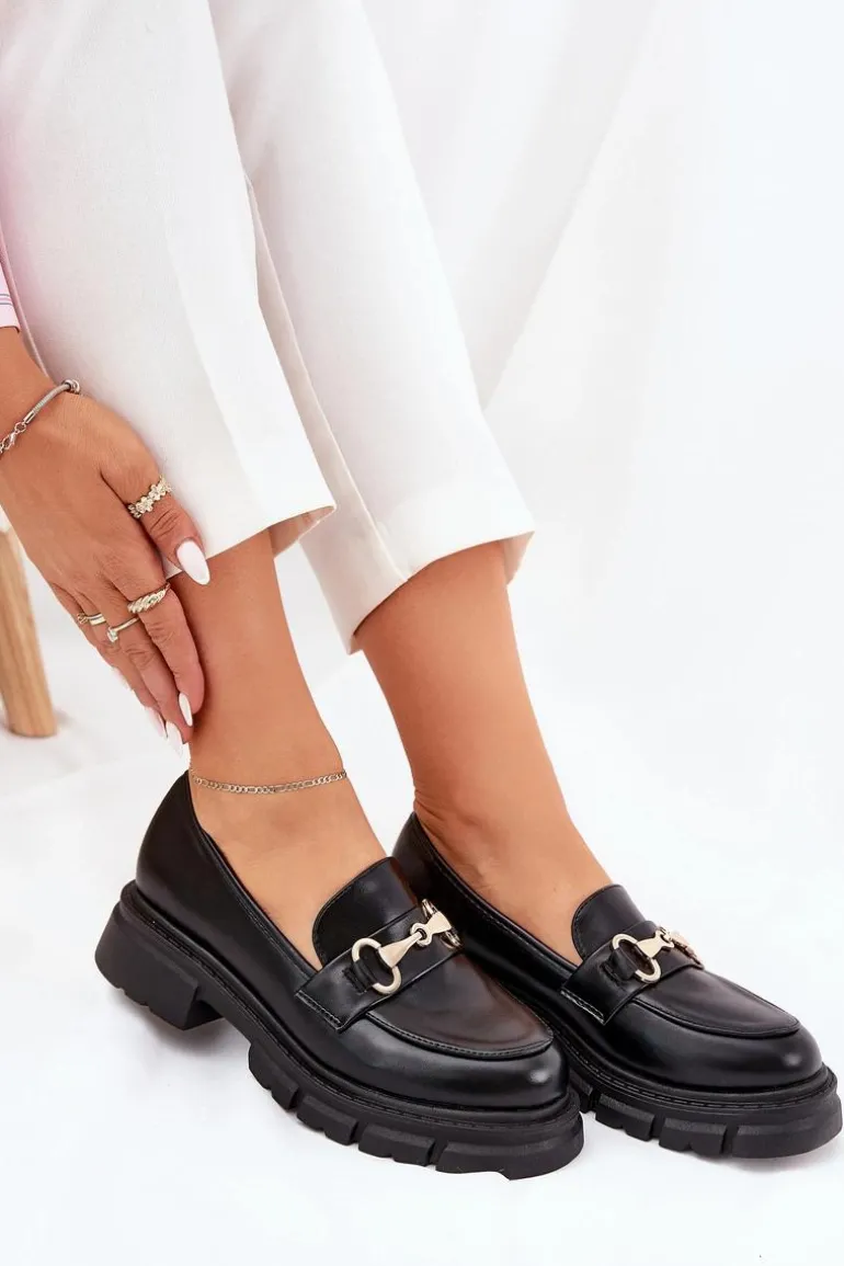 Damskie Mokasyny Ze Złotym Detalem Eko Skórzane Czarne Gemitha