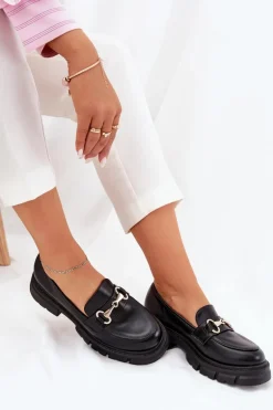 Damskie Mokasyny Ze Złotym Detalem Eko Skórzane Czarne Gemitha