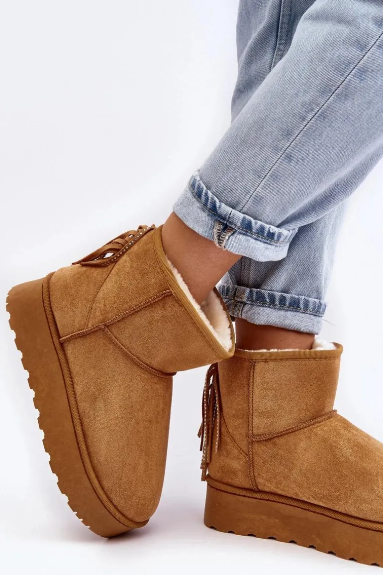 Damskie Śniegowce Na Masywnej Platformie Z Frędzlami Camel Lirico