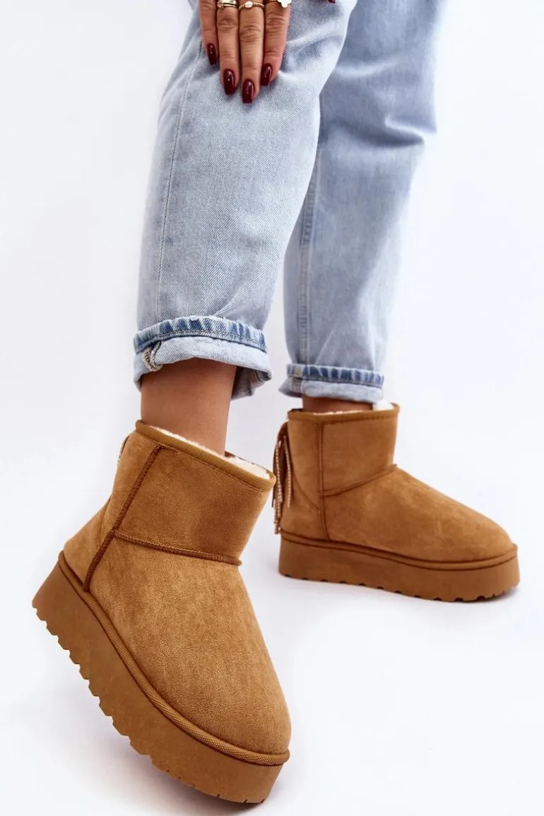 Damskie Śniegowce Na Masywnej Platformie Z Frędzlami Camel Lirico