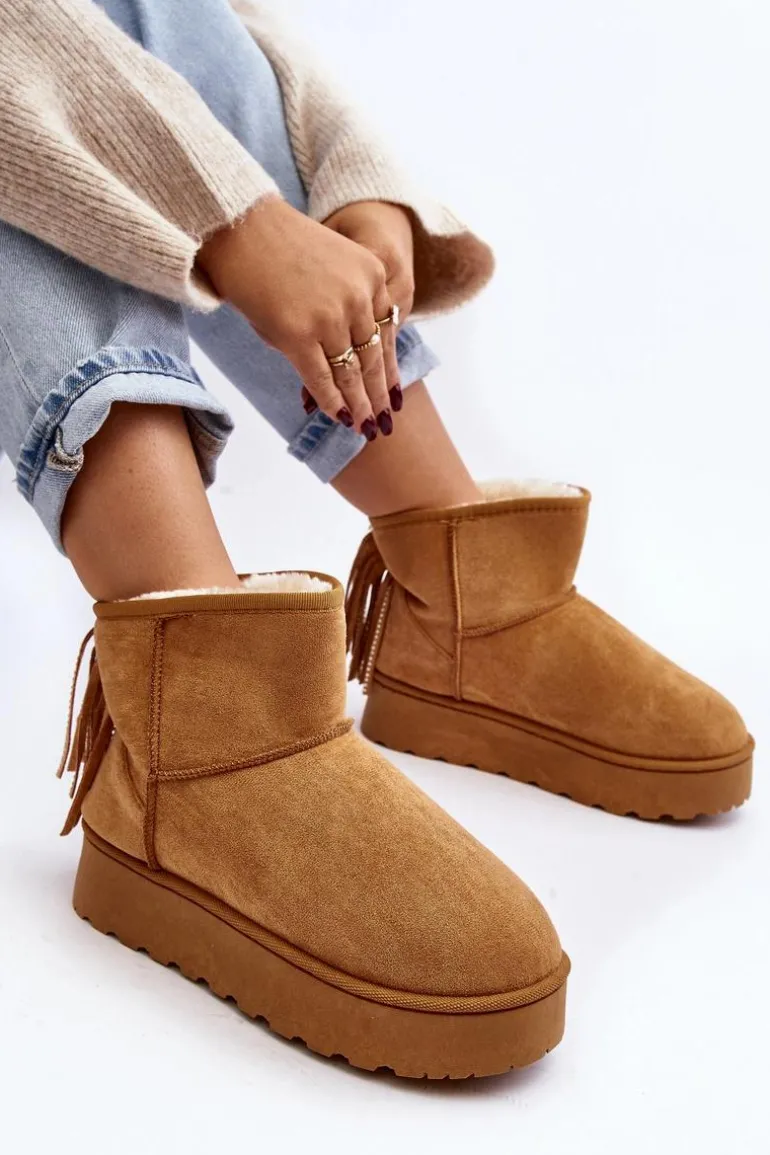 Damskie Śniegowce Na Masywnej Platformie Z Frędzlami Camel Lirico