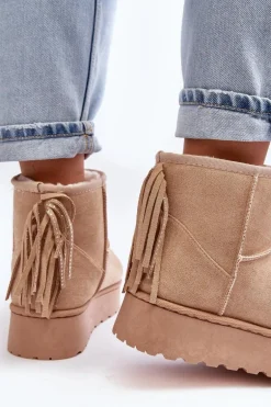 Damskie Śniegowce Na Masywnej Platformie Z Frędzlami Beżowe Lirico