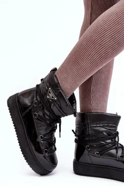 Damskie Śniegowce Na Platformie Z Wiązaniem Czarne Fleure