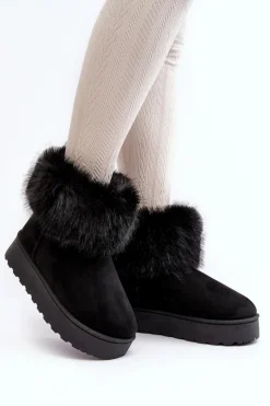 Damskie Śniegowce Na Platformie Z Futerkiem Czarne Mancy