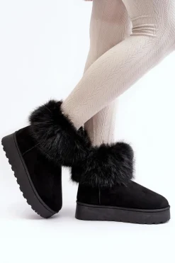 Damskie Śniegowce Na Platformie Z Futerkiem Czarne Mancy