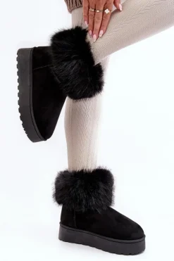 Damskie Śniegowce Na Platformie Z Futerkiem Czarne Mancy