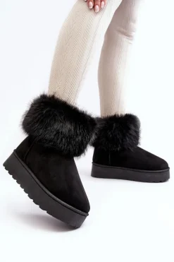 Damskie Śniegowce Na Platformie Z Futerkiem Czarne Mancy