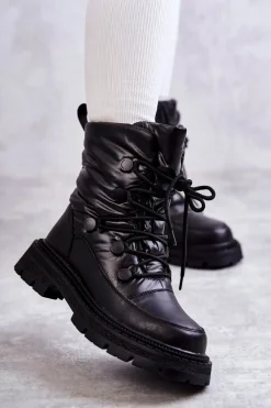 Damskie Śniegowce Sznurowane GOE KK2N4017 Czarne